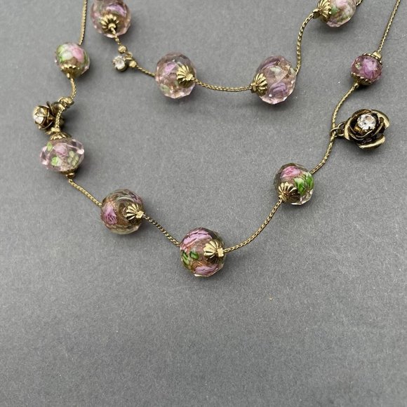 Betsey Johnson Illusion Silvertone Crystal Bead Necklace Pink Green Flowers - Picture 2 of 3